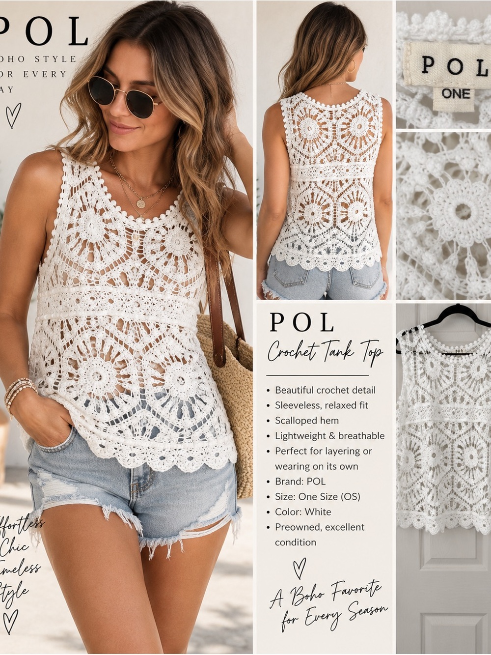 NWT POL White Crochet Lace Boho Tank Top One Size